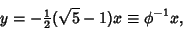 \begin{displaymath}
y=-{\textstyle{1\over 2}}(\sqrt{5}-1)x\equiv \phi^{-1} x,
\end{displaymath}