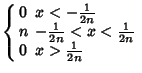 $\displaystyle \left\{\begin{array}{ll} 0 & \mbox{$x < - {1\over 2n}$}\\  n & \m...
...\over 2n} < x < {1\over 2n}$}\\  0 & \mbox{$x > {1\over 2n}$}\end{array}\right.$